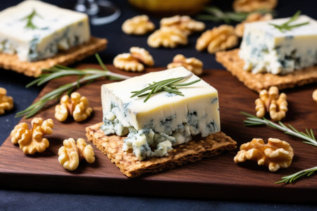 gorgonzola cheese on rye crackers with walnuts besides them, created with generative aiの素材