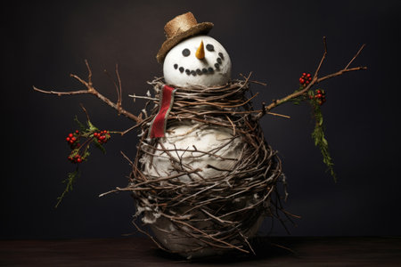 snowman with twig arms, decorated with festive ribbons, created with generative aiの素材