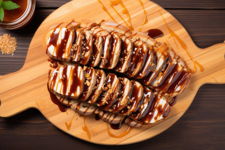 top view of honey-drizzled nutella bruschetta on a wooden plate, created with generative aiの素材