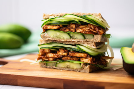 tempeh sandwich layered with avocado and cucumber, created with generative aiの素材