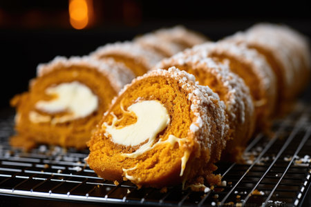 decadent pumpkin roll on a cooling rack, created with generative aiの素材