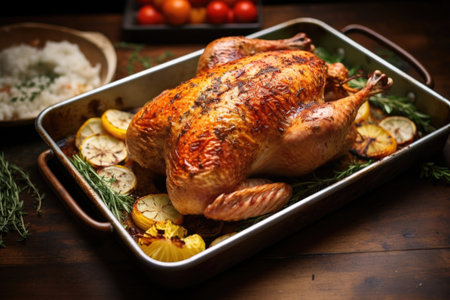 raw turkey in a roasting pan ready for the oven, created with generative aiの素材