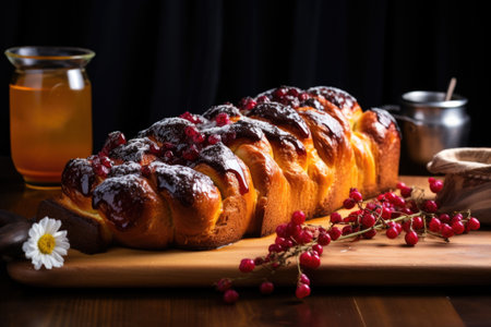 vegan challah bread on a wooden board, created with generative aiの素材