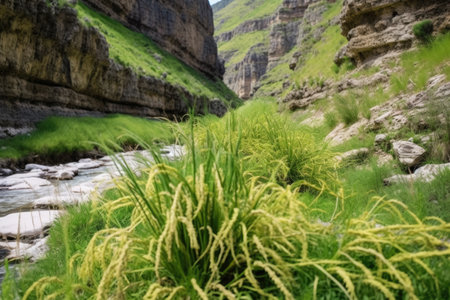 vegetation growing on a winding canyon floor, created with generative aiの素材