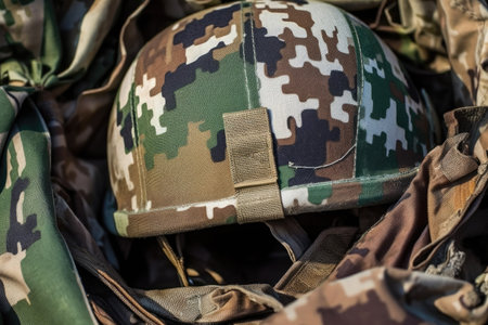 detailed shot of green and brown camouflage patterns on an army helmet, created with generative aiの素材