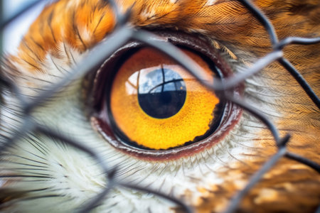 close-up of an owls eye beyond the cage bars, created with generative aiの素材