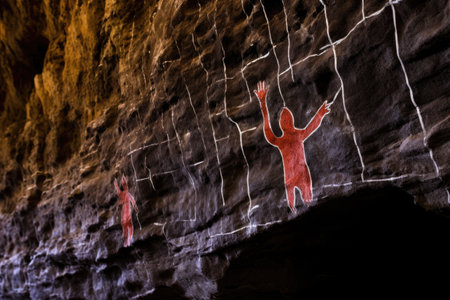 a stick figure sign showing directions in a large cave, created with generative aiの素材