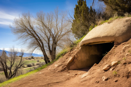 adobe shelter built into a pueblo hillside, created with generative aiの素材