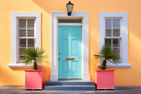brightly coloured door with a fanlight in a stucco colonial revival house, created with generative aiの素材