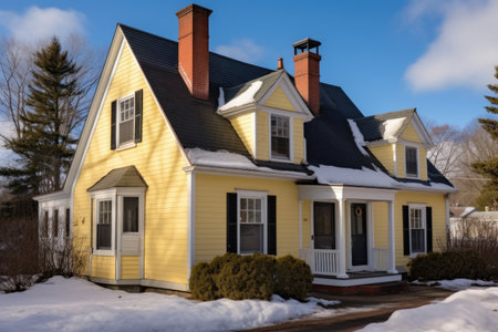 full frontal view of a colonial house with two chimneys, created with generative aiの素材