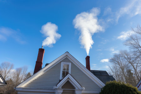 breath of smoke from dual chimneys of colonial house, created with generative aiの素材