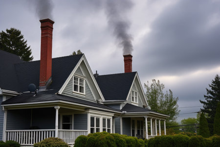 an overcast day, smoke billowing from two colonial house chimneys, created with generative aiの素材