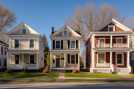 a central view shot of three colonial houses each with side porches, created with generative aiの素材