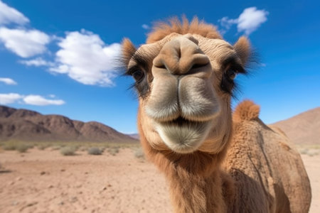 close-up of a bactrian camel in desert region, created with generative aiの素材