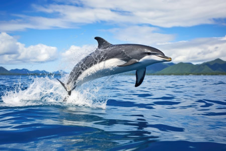 a spotted dolphin leaping out of clear ocean water, created with generative aiの素材