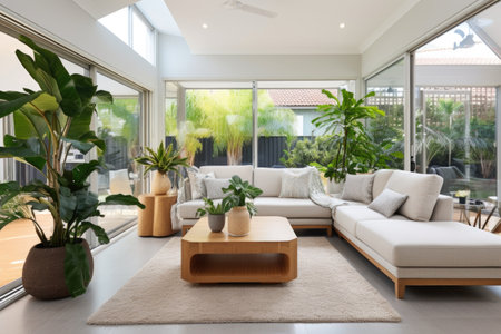 contemporary lounge with tropical plant display, created with generative aiの素材