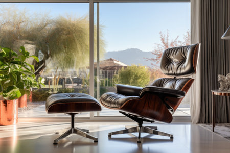 close-up of a designer armchair facing the vast floor-to-ceiling window, created with generative aiの素材