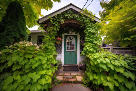 ivy-shrouded garden gate inviting into a cozy cottage, created with generative aiの素材