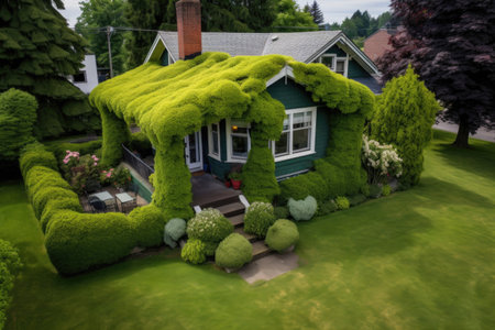 aerial view of ivy-covered cottage surrounded by a manicured lawn, created with generative aiの素材