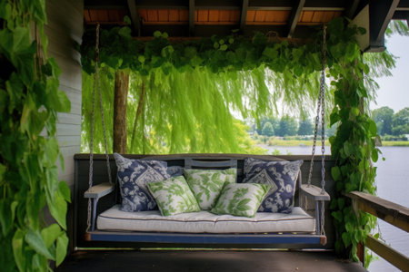 porch swing beneath an ivy tapestry on a riverside cottage, created with generative aiの素材