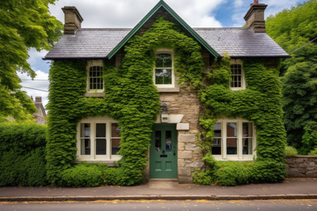 stone cottage facade partially concealed by green ivy, created with generative aiの素材