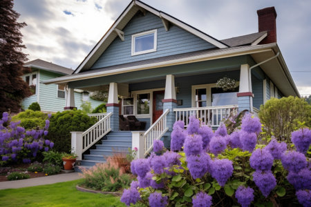 craftsman home with blooming flowers on the porch, created with generative aiの素材