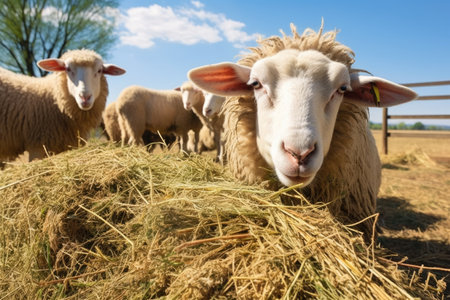 sheep eating hay from a bale, created with generative aiの素材