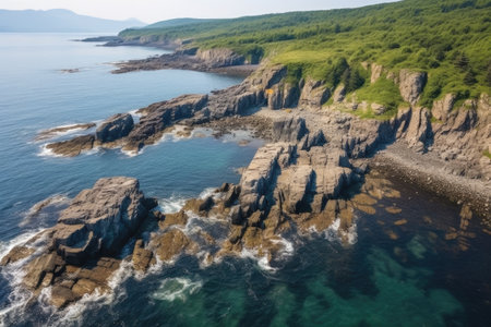 aerial view of a rocky coastal area through drone, created with generative aiの素材
