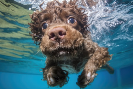 dwarf waterdog in underwater shot, created with generative aiの素材