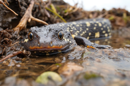 california tiger salamander in muddy surroundings, created with generative aiの素材