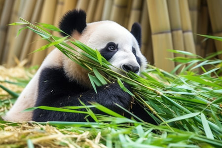 a giant panda munching bamboo shoots, created with generative aiの素材