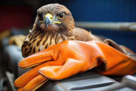 falcon resting on a leather-clad glove, created with generative aiの素材