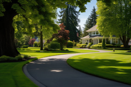 sun-drenched circular driveway surrounded by verdant lawns and trimmed hedges, created with generative aiの素材
