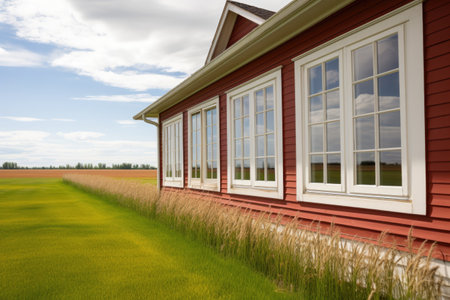 tall, shuttered windows of a house nearby a wheat field, created with generative aiの素材