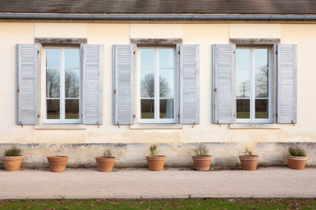 an array of wooden shuttered windows on a white-washed country house, created with generative aiの素材