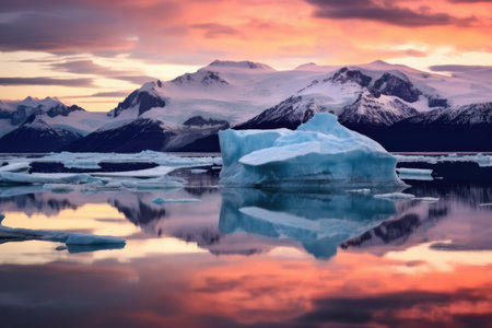 the sun setting behind the peaks surrounding a glacier, created with generative aiの素材