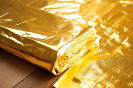 gold foil unrolled on a table, texture on display, created with generative aiの素材