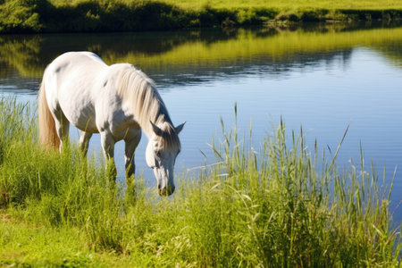white horse eating grass by the side of a placid lake, created with generative aiの素材