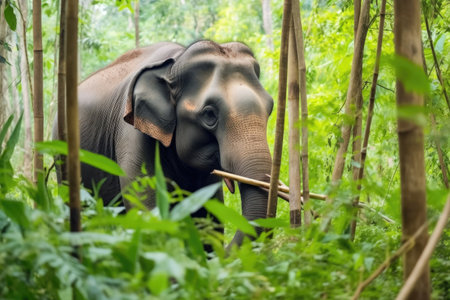 large elephant eating bamboo in a dense forest, created with generative aiの素材
