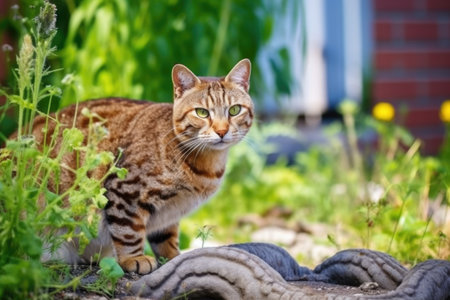domestic cat observing a rattlesnake in the garden from a safe distance, created with generative aiの素材