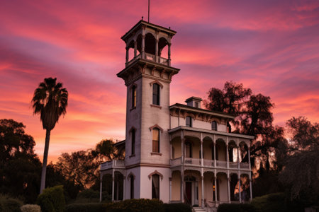 capturing italianate architecture with tower against dusk sky, created with generative aiの素材