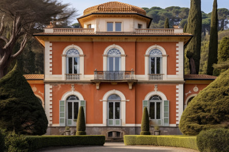 italianate villa with rounded windows and a terracotta roof, created with generative aiの素材