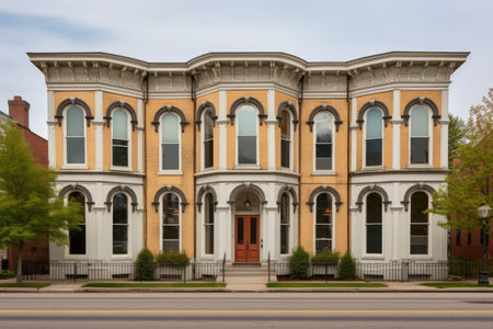 symmetrical exterior shot of italianate building with rounded windows, created with generative aiの素材
