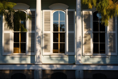 tall, rounded windows on italianate house, capturing shadows, created with generative aiの素材