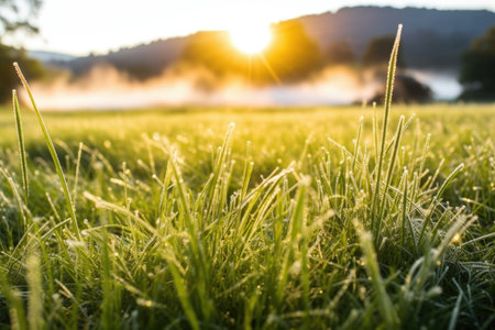 sunrise hitting dew-covered grass in a meadow, created with generative aiの素材