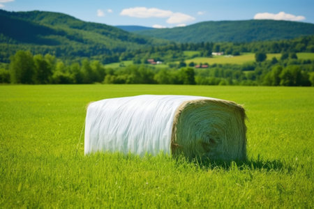 hay bale wrapped in white plastic on green pasture, created with generative aiの素材