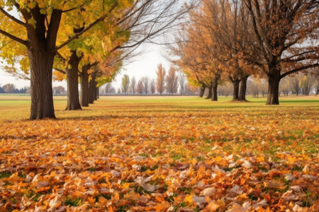 fallen autumn leaves sprinkled over an open meadow, created with generative aiの素材