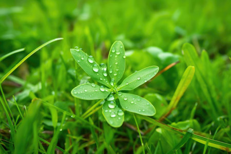 rain droplets on a clover leaf in a meadow, created with generative aiの素材