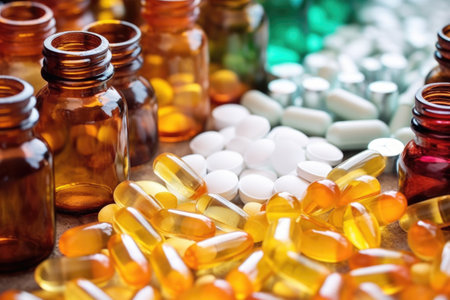 amber pharmacy bottles filled with several types of tablets, created with generative aiの素材