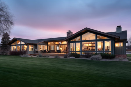 modern ranch facade with big windows at dusk, created with generative aiの素材
